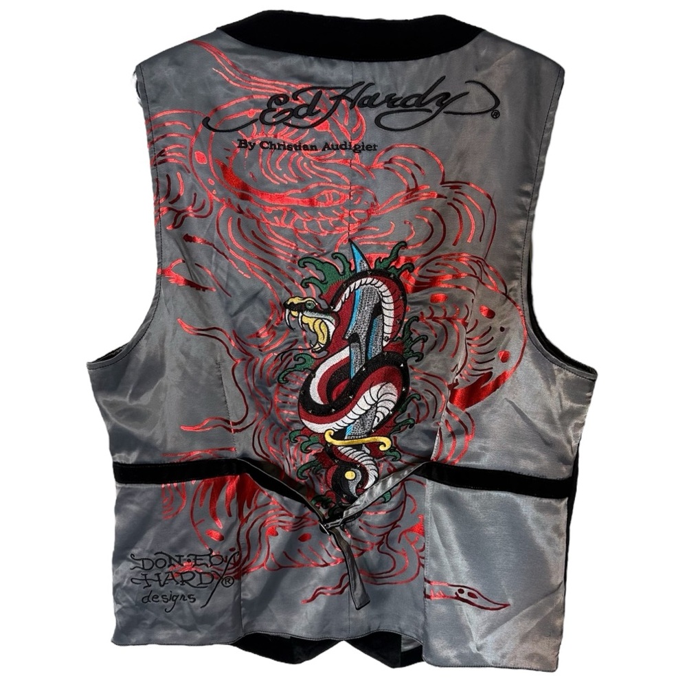 ED HARDY CHRISTIAN AUDIGIER Black Velvet Satin Vest Rhinestones Snake Tattoo XL